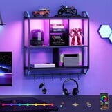 Zwevende Wandplank met LED, 4 Lagen, 6 Haken, Zwart Metaal/Spaanplaat - 34% Korting