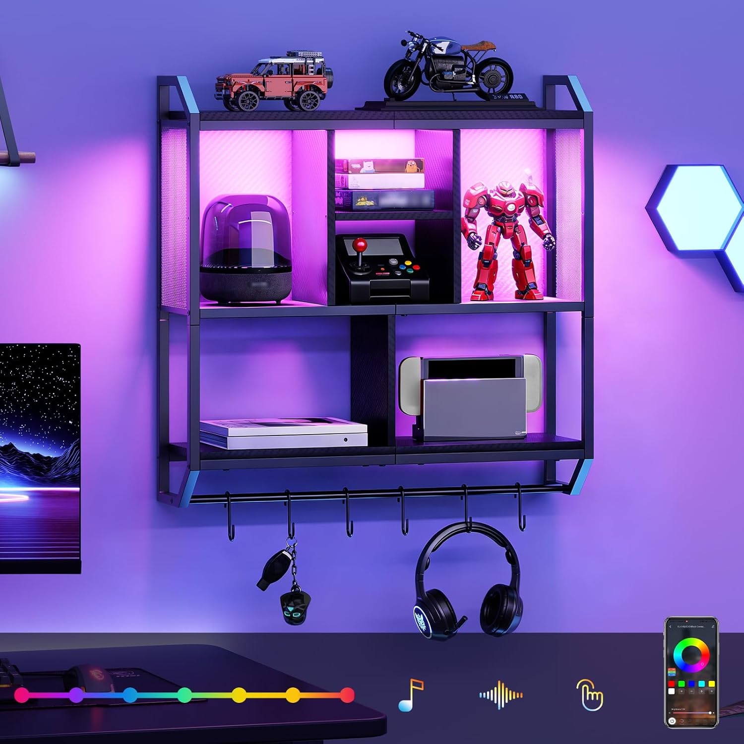 Zwevende Wandplank met LED, 4 Lagen, 6 Haken, Zwart Metaal/Spaanplaat - 34% Korting