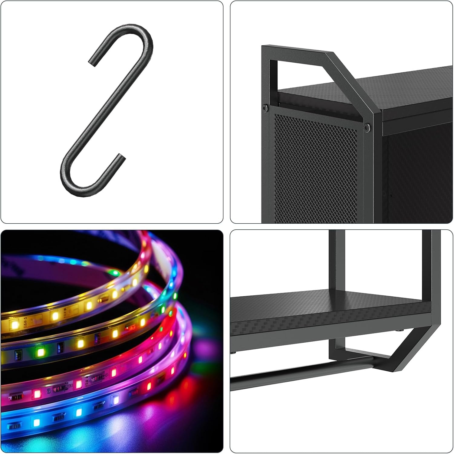 Zwevende Wandplank met LED, 4 Lagen, 6 Haken, Zwart Metaal/Spaanplaat - 34% Korting