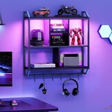 Zwevende Wandplank met LED, 4 Lagen, 6 Haken, Zwart Metaal/Spaanplaat - 34% Korting