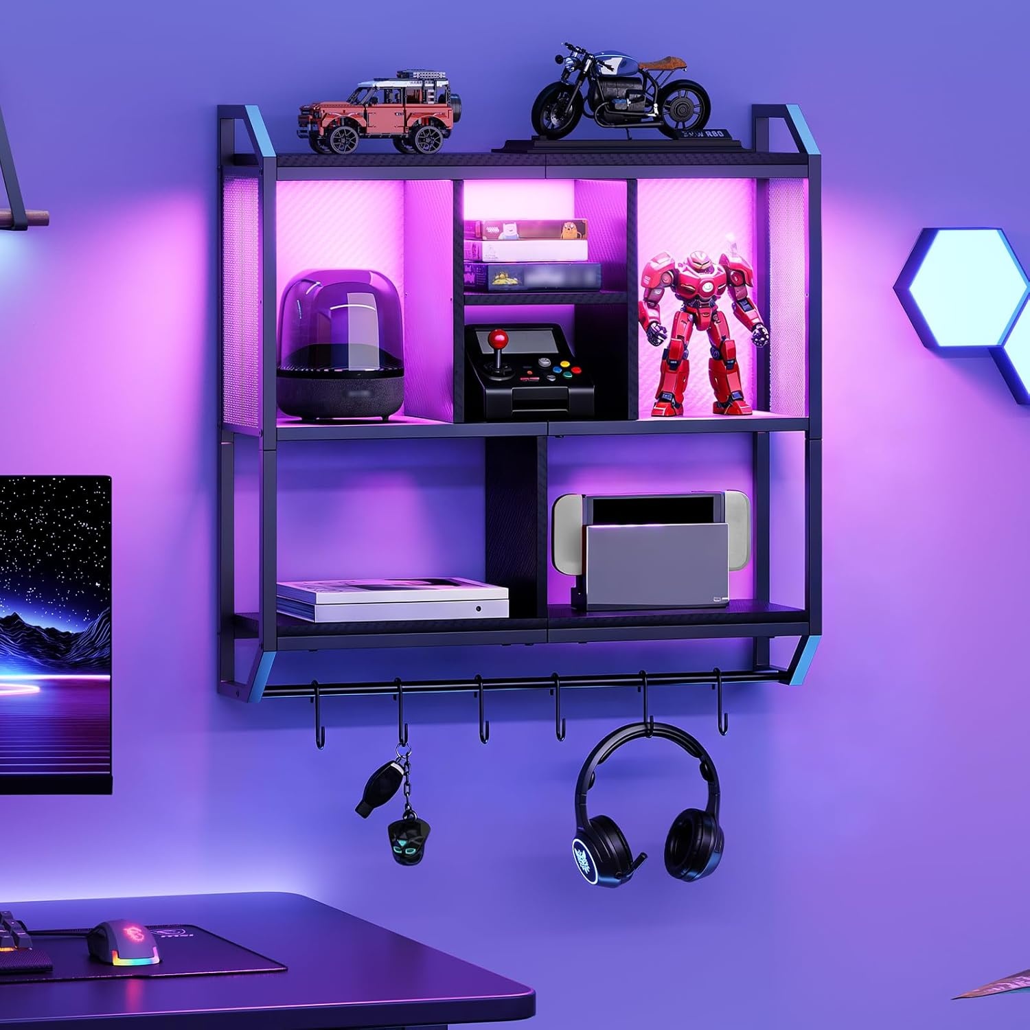 Zwevende Wandplank met LED, 4 Lagen, 6 Haken, Zwart Metaal/Spaanplaat - 34% Korting
