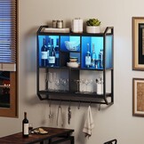 Zwevende Wandplank met LED, 4 Lagen, 6 Haken, Zwart Metaal/Spaanplaat - 34% Korting