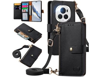 Leren Flip Hoesje Honor Magic 6 Pro met Rits & Kaarthouder (Zwart) - 28% Korting