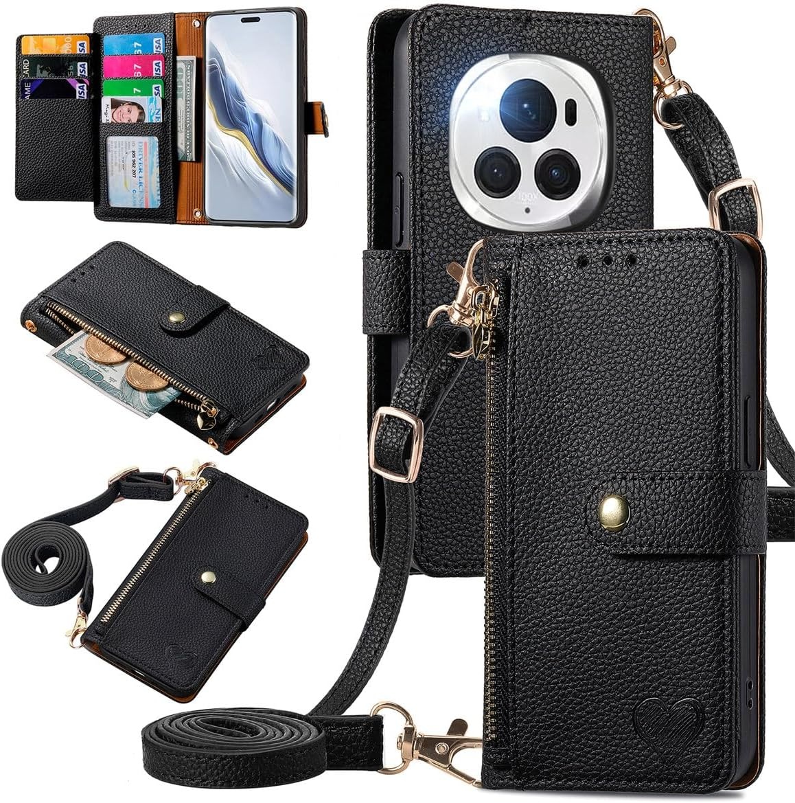 Leren Flip Hoesje Honor Magic 6 Pro met Rits & Kaarthouder (Zwart) - 28% Korting