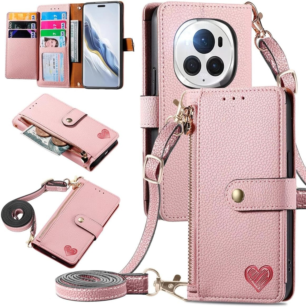 Leren Flip Hoesje Honor Magic 6 Pro met Rits & Kaarthouder (Zwart) - 28% Korting