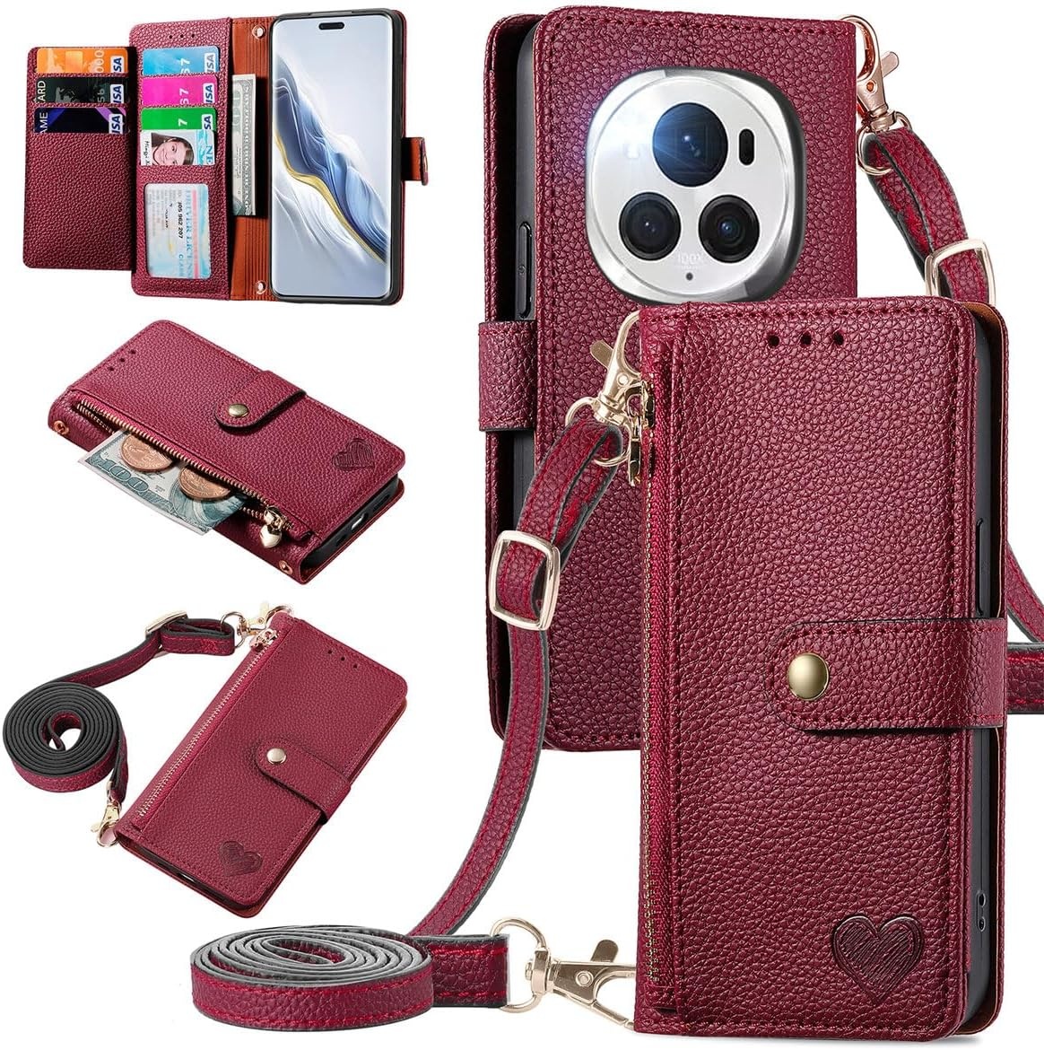 Leren Flip Hoesje Honor Magic 6 Pro met Rits & Kaarthouder (Zwart) - 28% Korting
