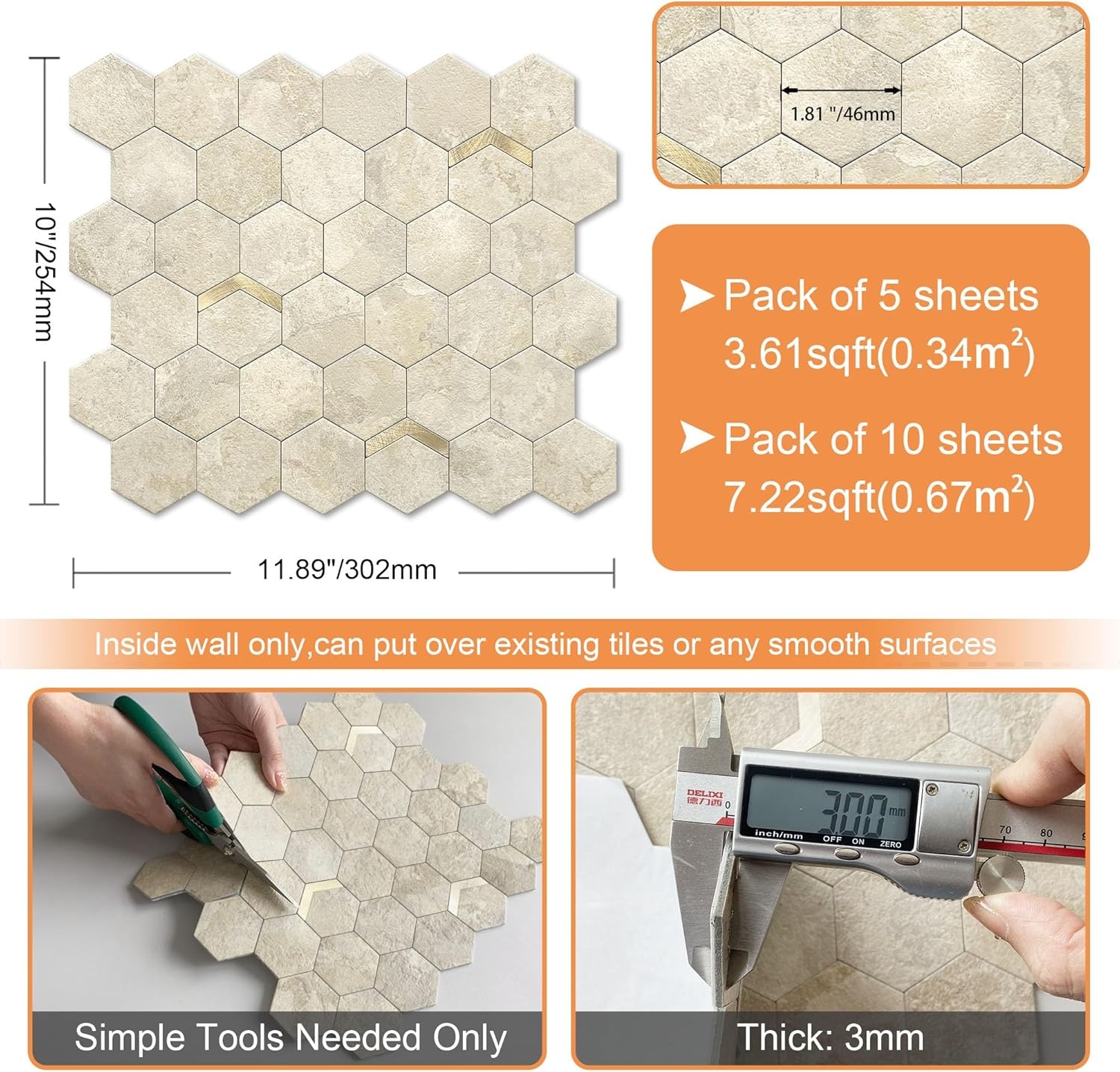 Zelfklevende Wandtegels Marmerlook Hexagon Beige Goud 3D - 32% Korting