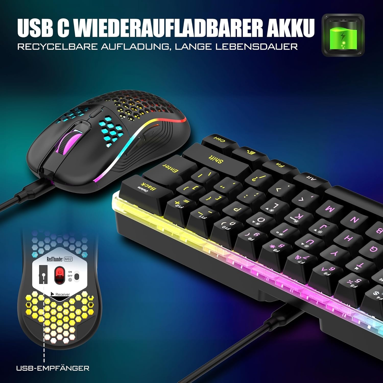 Draadloos Gaming Toetsenbord & Muis Set 60% QWERTZ met RGB