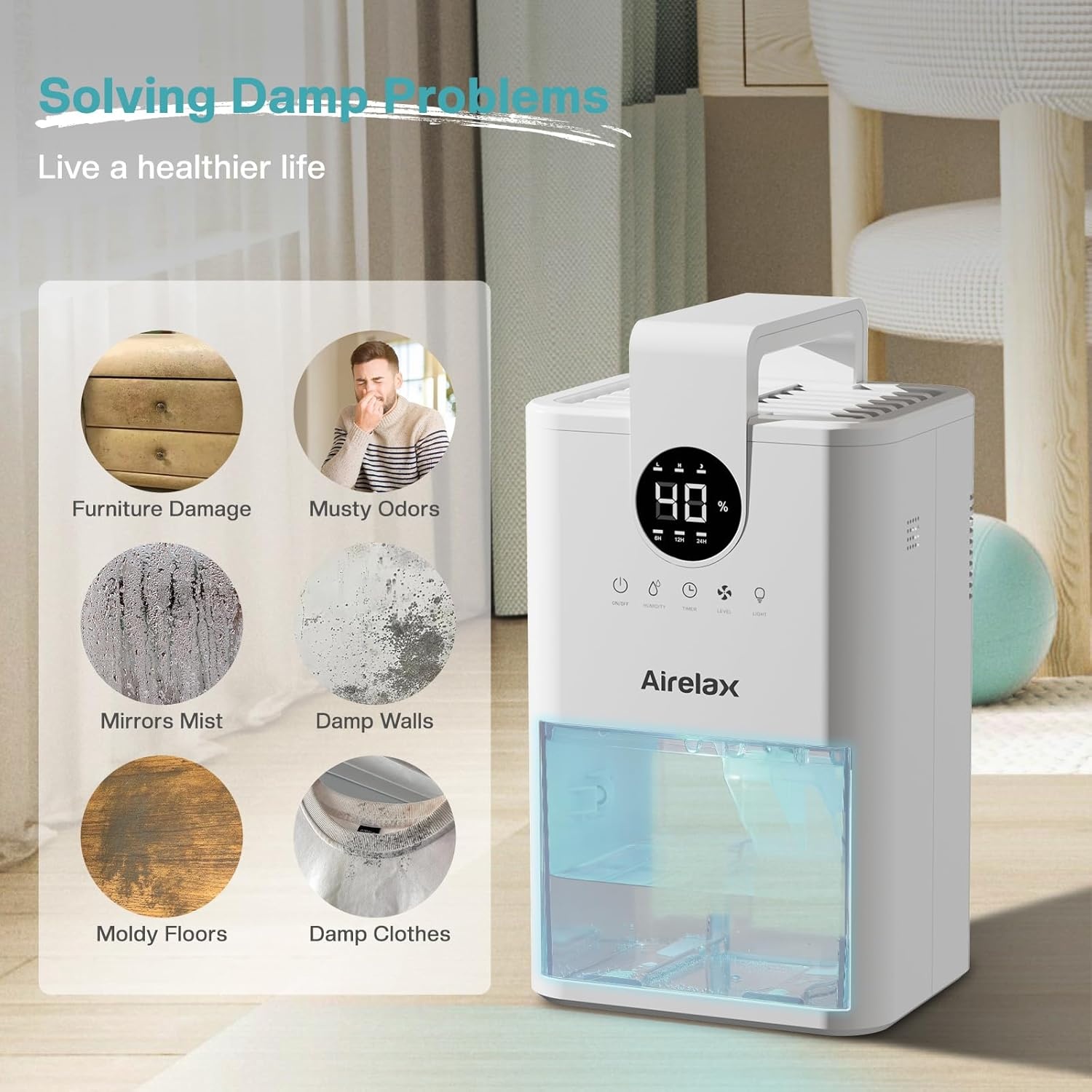 Airelax Luchtontvochtiger 1000ml - Fluisterstil & 7-kleuren Nachtlampje (28% Korting)