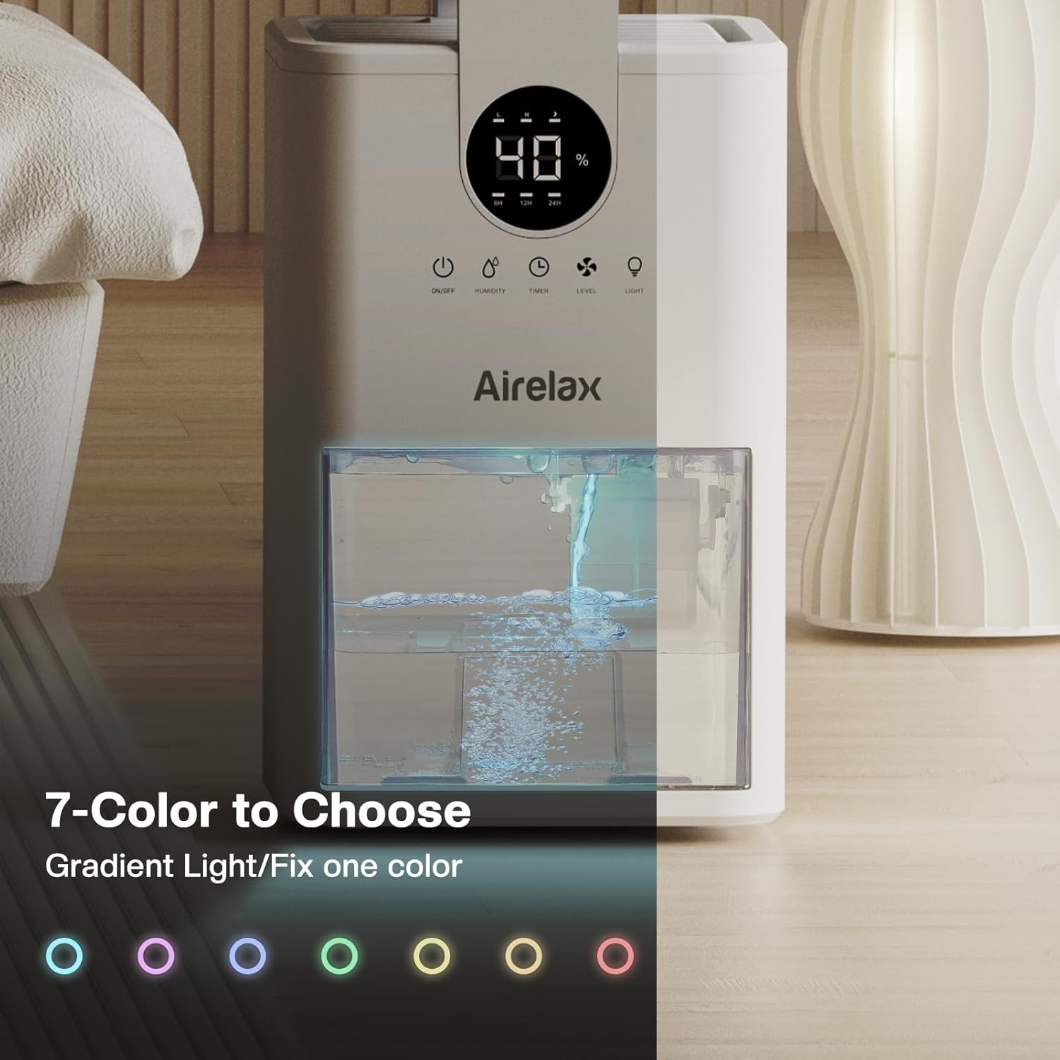 Airelax Luchtontvochtiger 1000ml - Fluisterstil & 7-kleuren Nachtlampje (28% Korting)