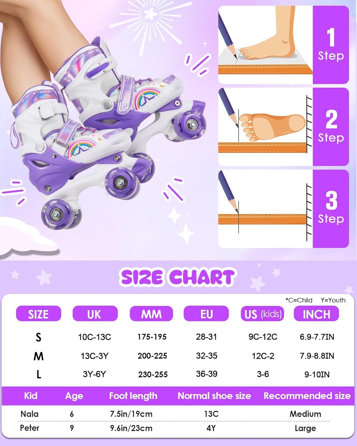 Kinder rollerskates paars/wit verstelbaar maat S - 33% korting!