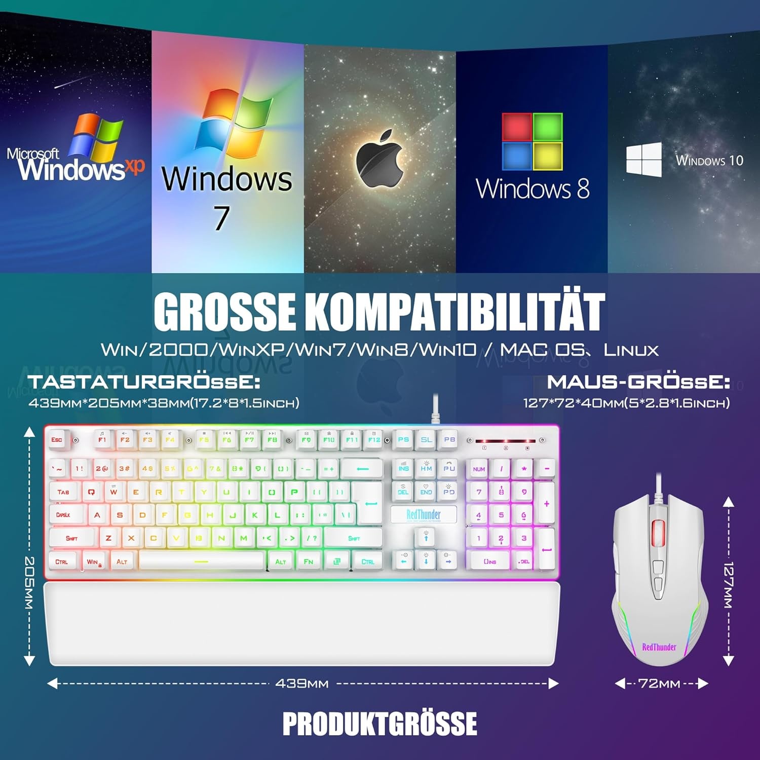 Gaming Toetsenbord & Muis Set K10 - Wit | QWERTZ DE Layout | RGB