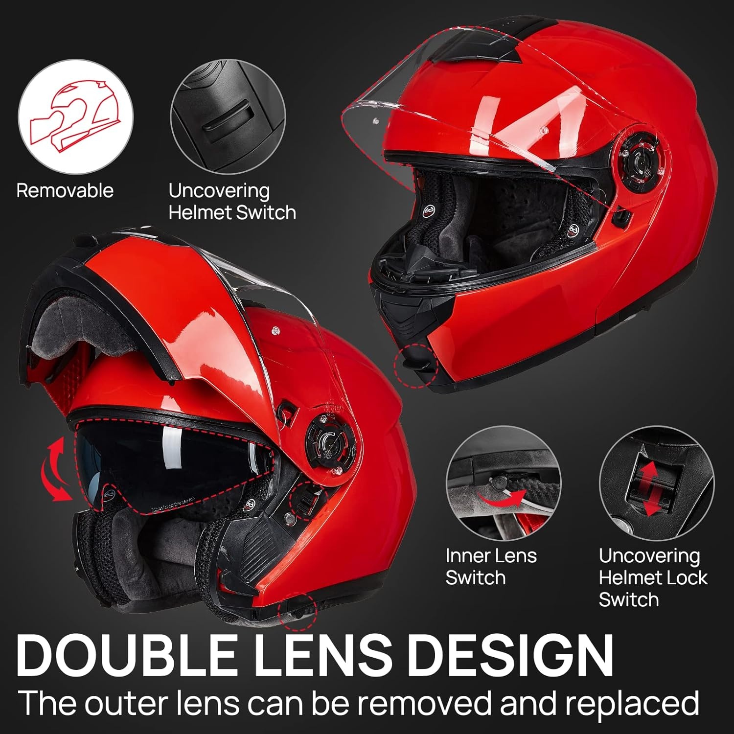 Modulaire Integraalhelm Motorhelm Rood Maat M | DOT-gekeurd | 34% Korting