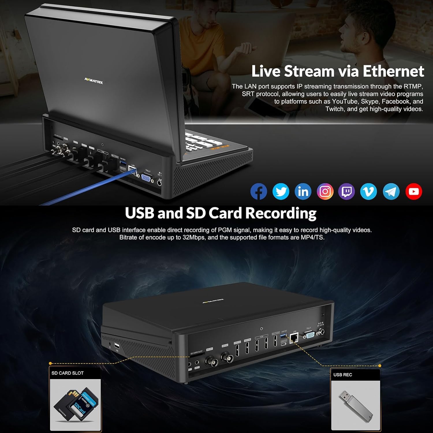 Videoschakelaar Live Streaming - 10.1" FHD IPS Scherm, 4x HDMI, SD, USB Recorder