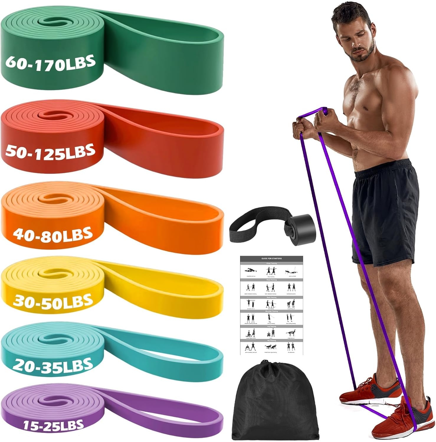 Weerstandsbanden Set (6 stuks) - Krachttraining, Yoga, Pilates | Incl. Deuranker | Tot 77 kg