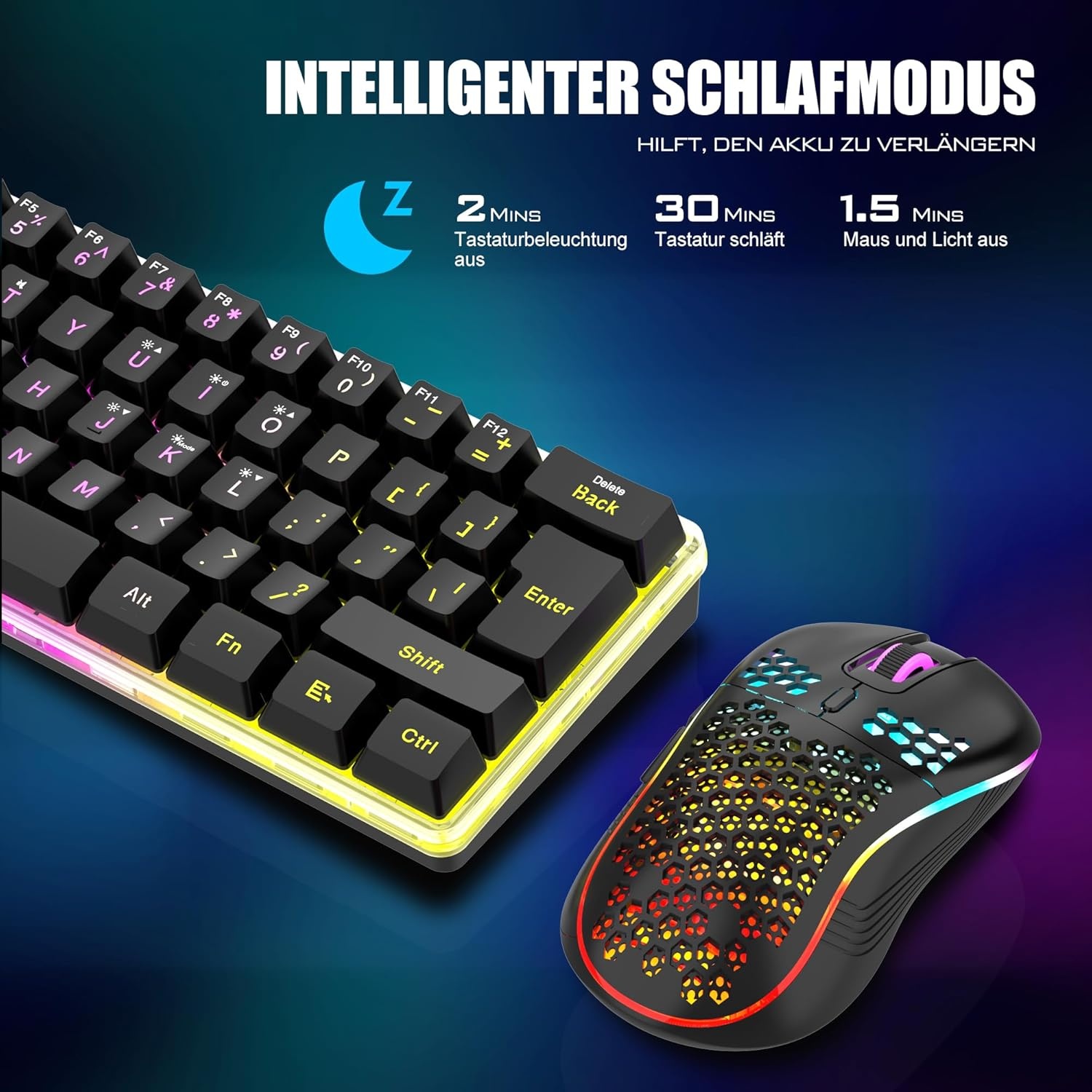 Gaming Toetsenbord & Muis Set: 60% QWERTZ Draadloos RGB met Korting!