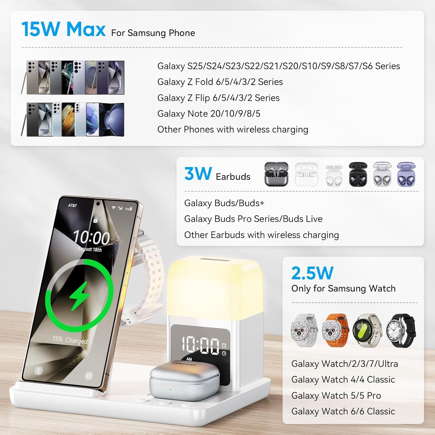 6-in-1 Draadloze Oplader met Wekker | 15W Snel Opladen Samsung
