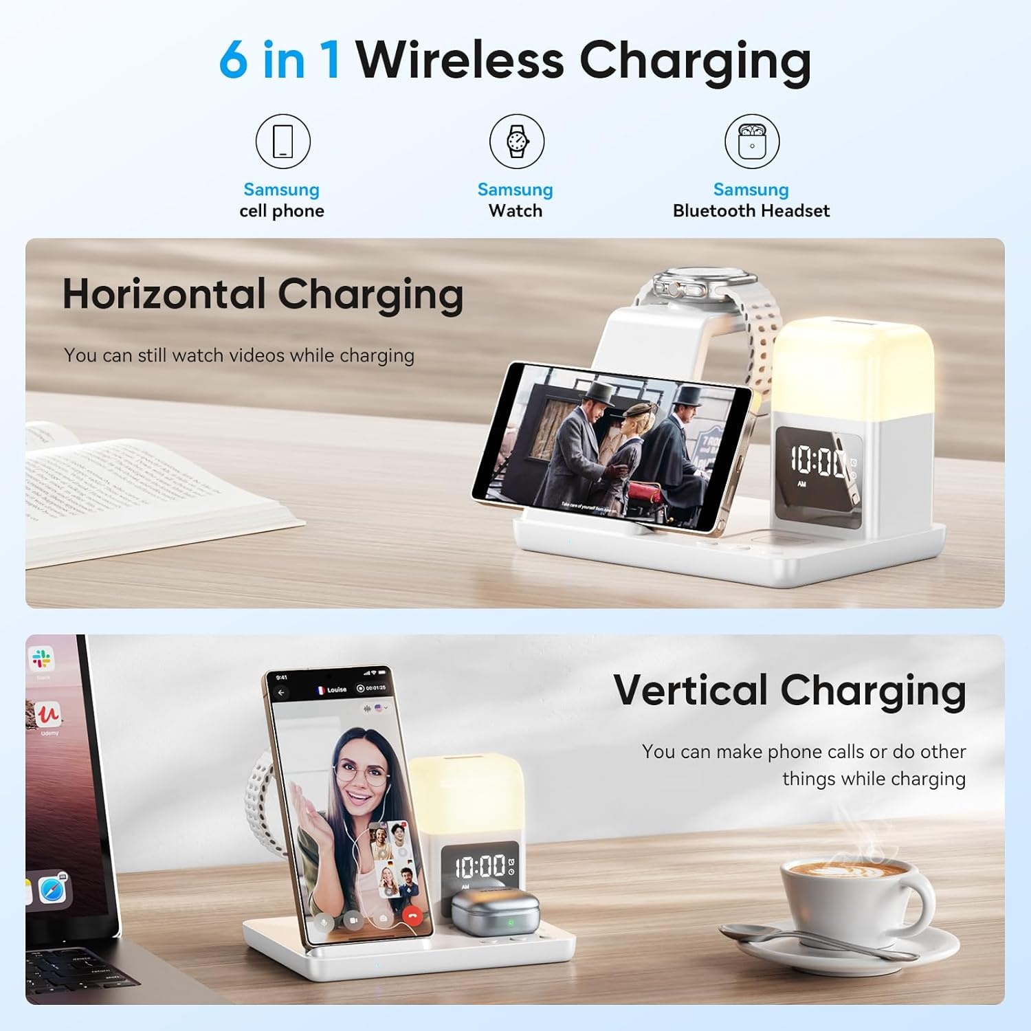 6-in-1 Draadloze Oplader met Wekker | 15W Snel Opladen Samsung