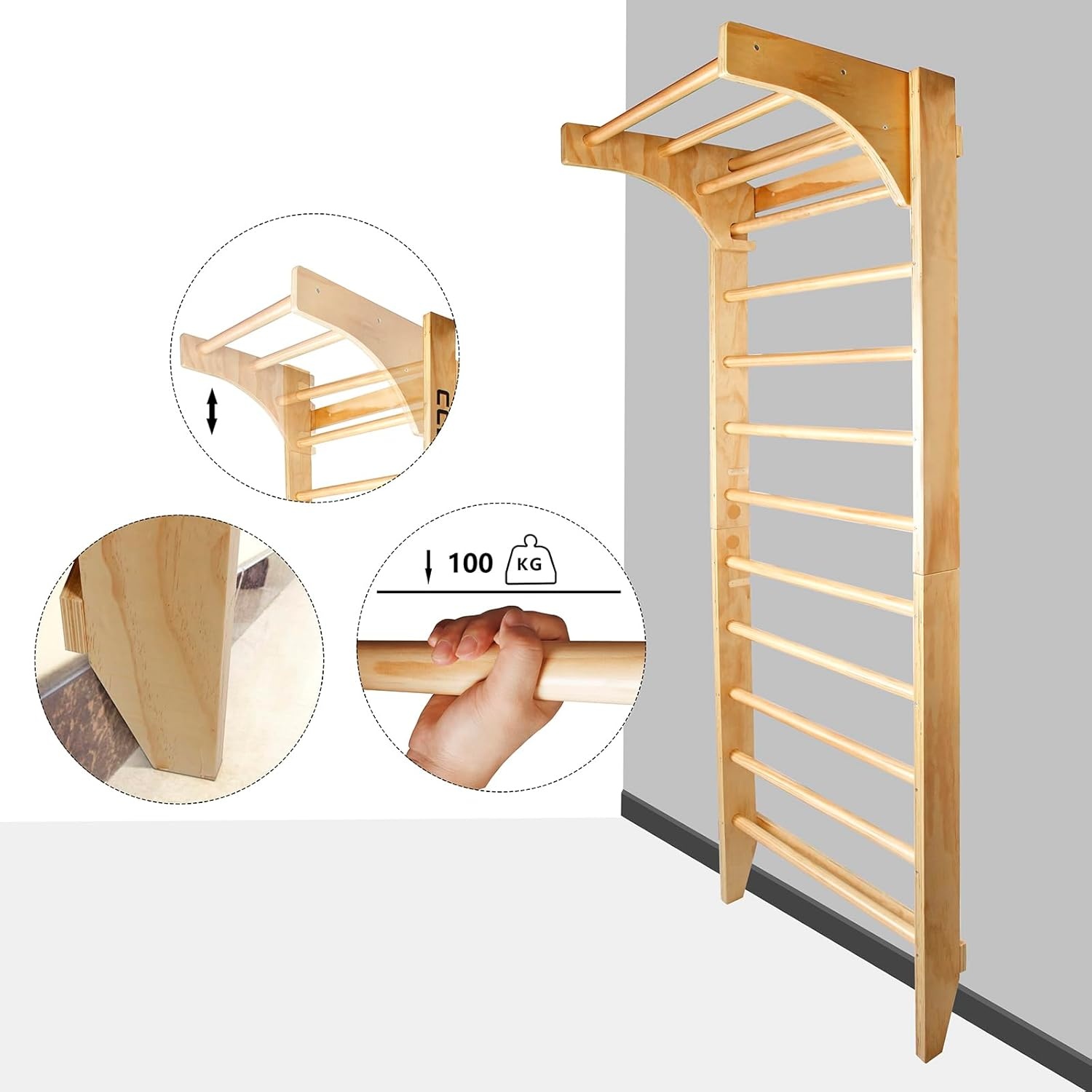 Houten Gymnastiek Wandrek met Optrekstang | 220x80cm | Grenenhout