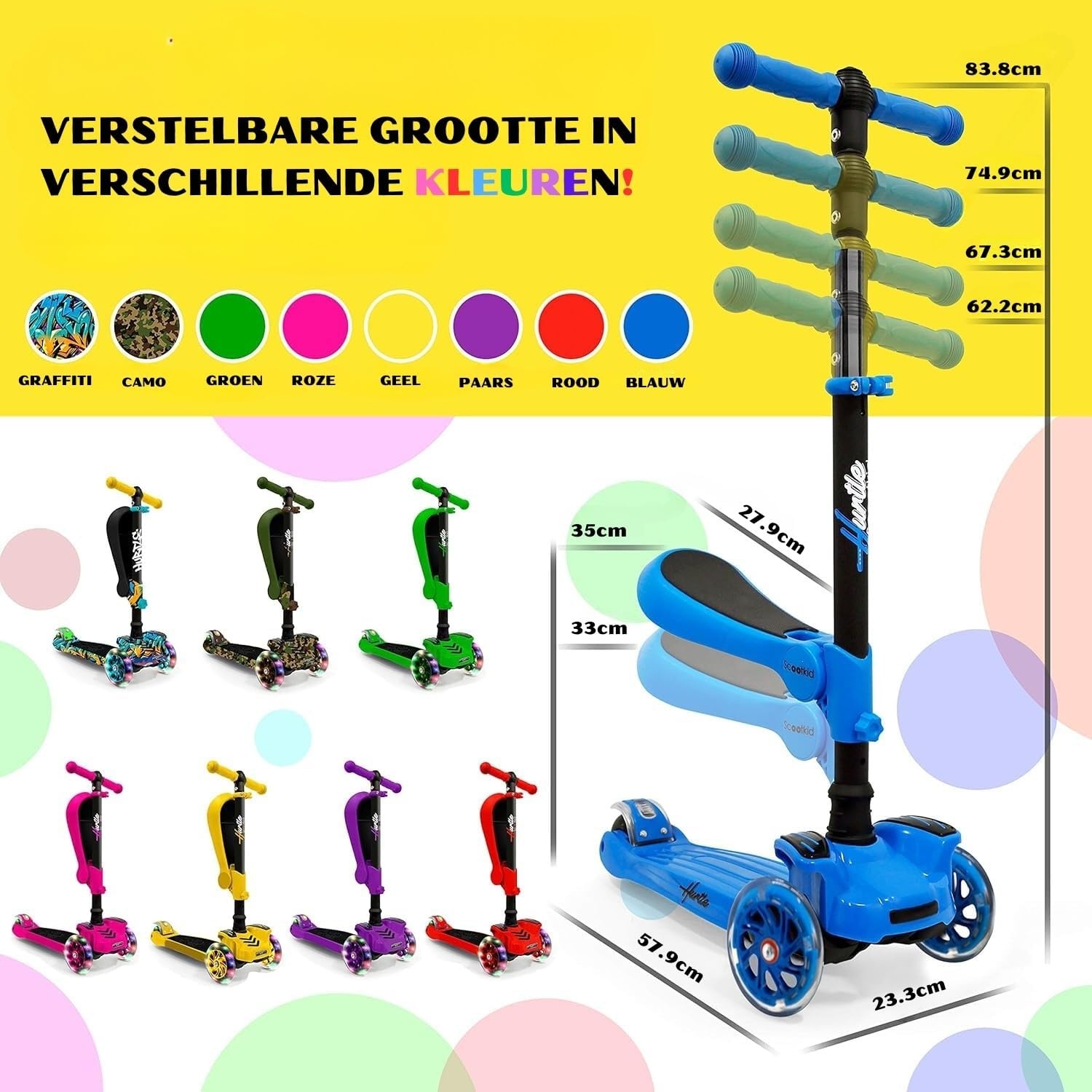 Kinderstep 3-wiel Multicolor LED, Opvouwbaar, Verstelbaar