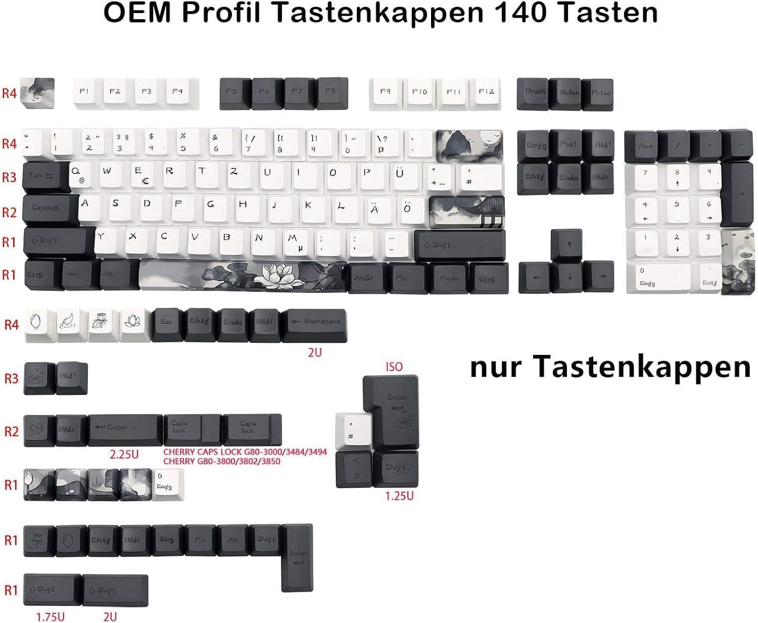 140 Keycaps Duits PBT OEM Inkt Lotus Design (34% Korting)