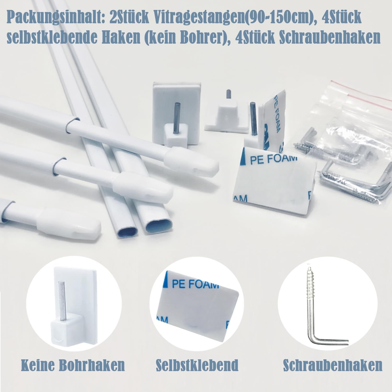 Vitragestangen Uitschuifbaar (2 stuks) - Wit, 90-150cm - 62% Korting!