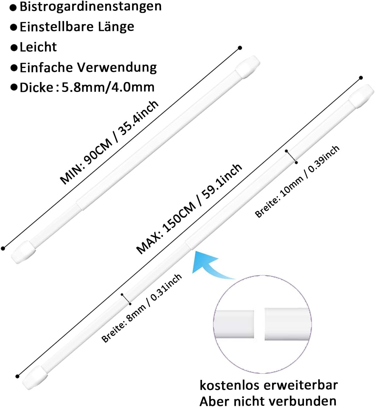 Vitragestangen Uitschuifbaar (2 stuks) - Wit, 90-150cm - 62% Korting!
