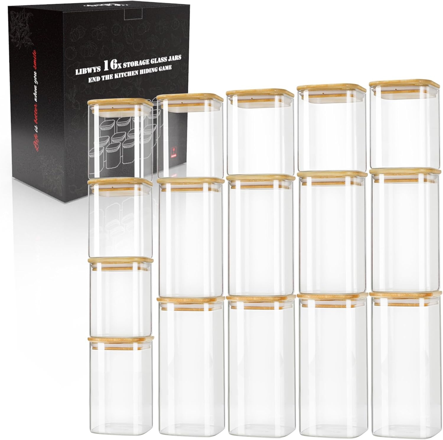 16 Glazen Voorraadpotten Set - Vierkant met Bamboe Deksel - 1000/600ml - 29% Korting