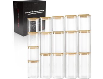 16 Glazen Voorraadpotten Set - Vierkant met Bamboe Deksel - 1000/600ml - 29% Korting