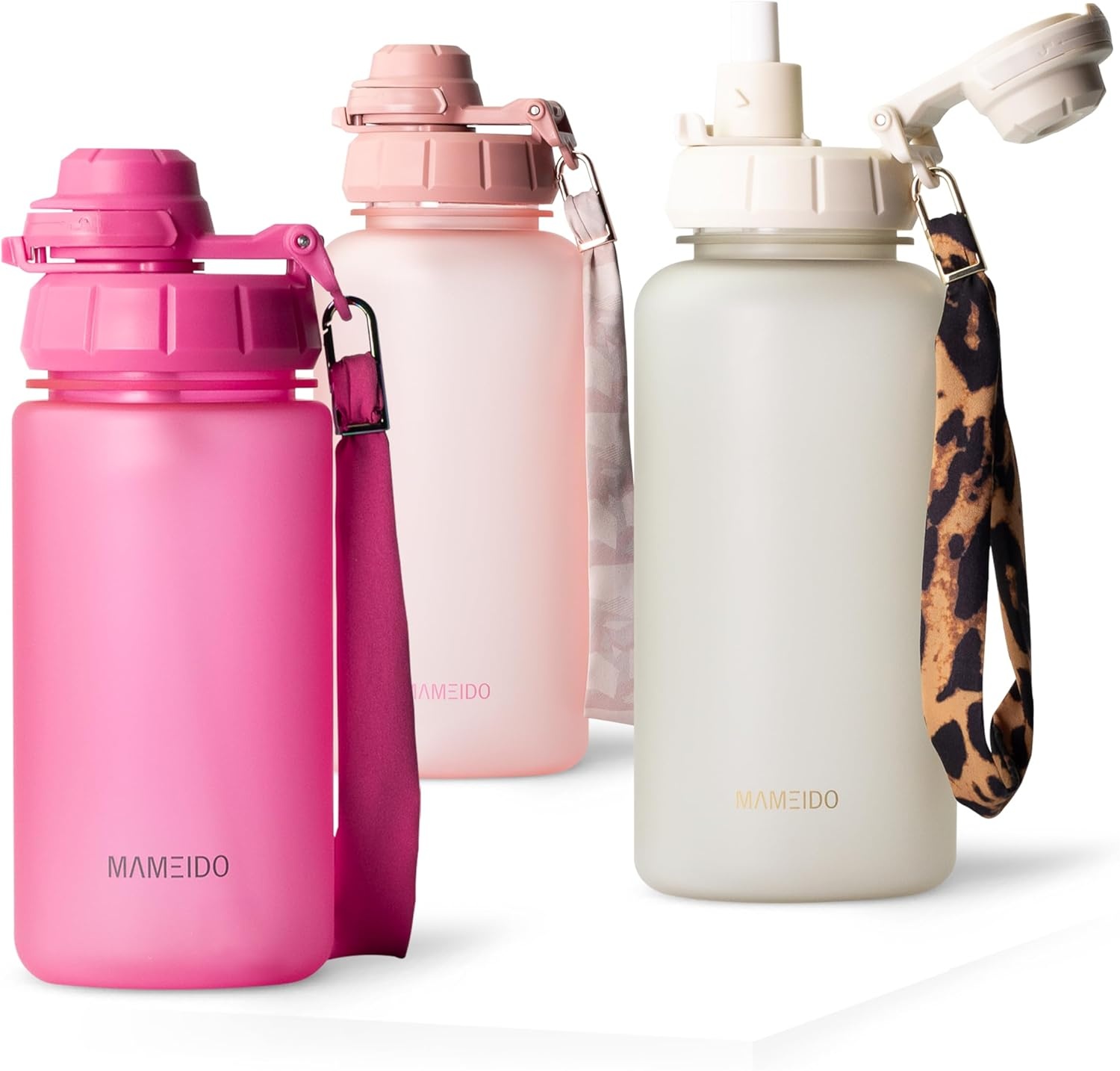 MAMEIDO Drinkfles met rietje 500 ml, tijdmarkering als drinkherinnering, lekvrije waterfles, BPA-vrije sportfles, gym waterfles, fles van Tritan (Glow Couture)