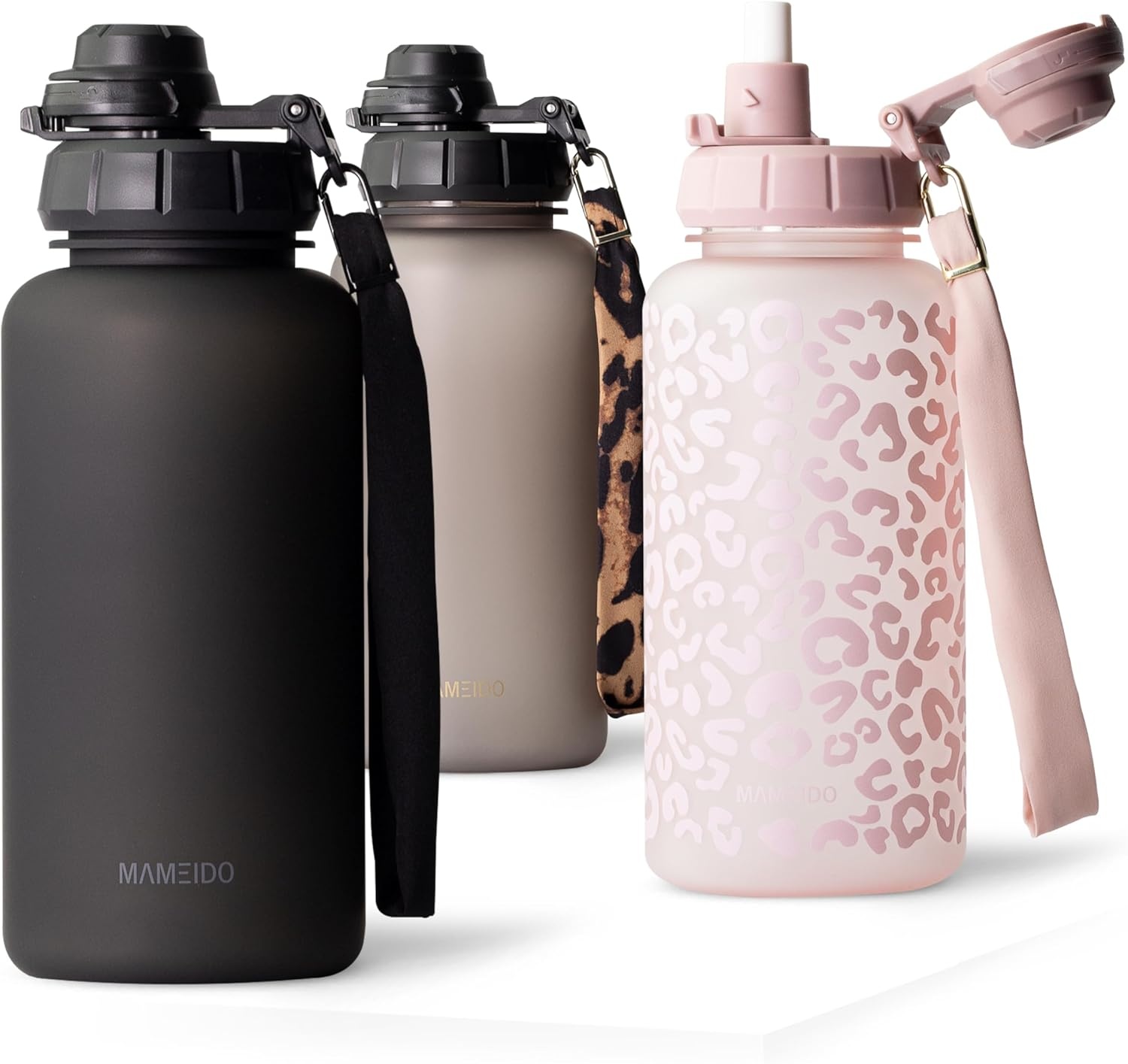 MAMEIDO Drinkfles met rietje 500 ml, tijdmarkering als drinkherinnering, lekvrije waterfles, BPA-vrije sportfles, gym waterfles, fles van Tritan (Glow Couture)