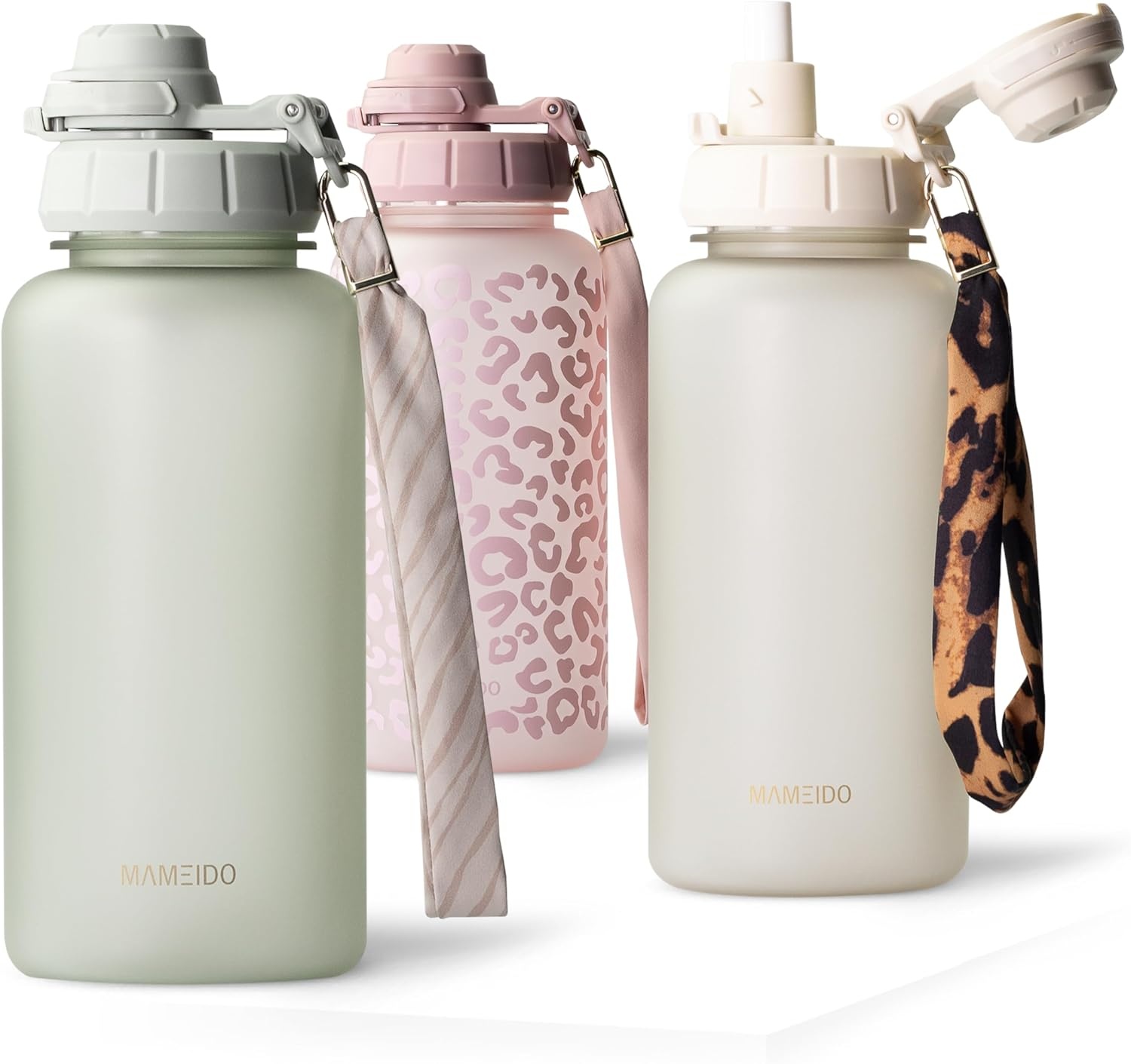 MAMEIDO Drinkfles met rietje 500 ml, tijdmarkering als drinkherinnering, lekvrije waterfles, BPA-vrije sportfles, gym waterfles, fles van Tritan (Glow Couture)