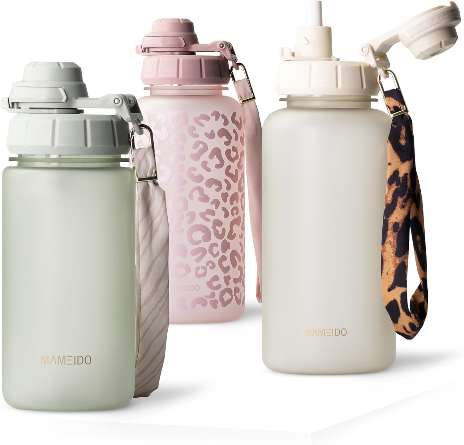 MAMEIDO Drinkfles met rietje 500 ml, tijdmarkering als drinkherinnering, lekvrije waterfles, BPA-vrije sportfles, gym waterfles, fles van Tritan (Glow Couture)