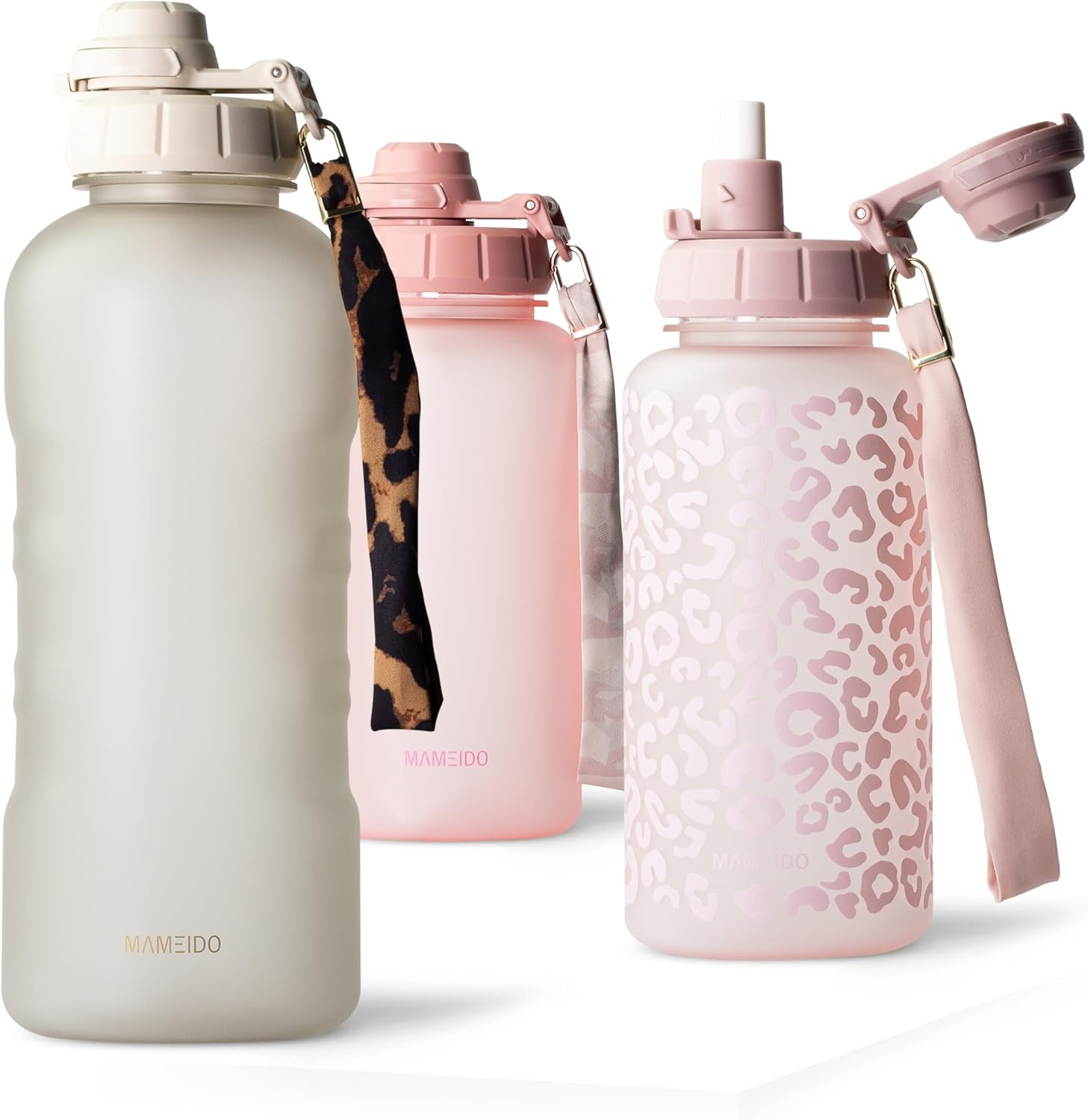 MAMEIDO Drinkfles met rietje 500 ml, tijdmarkering als drinkherinnering, lekvrije waterfles, BPA-vrije sportfles, gym waterfles, fles van Tritan (Glow Couture)