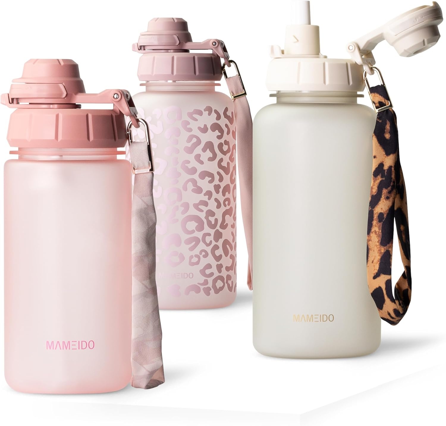 MAMEIDO Drinkfles met rietje 500 ml, tijdmarkering als drinkherinnering, lekvrije waterfles, BPA-vrije sportfles, gym waterfles, fles van Tritan (Glow Couture)