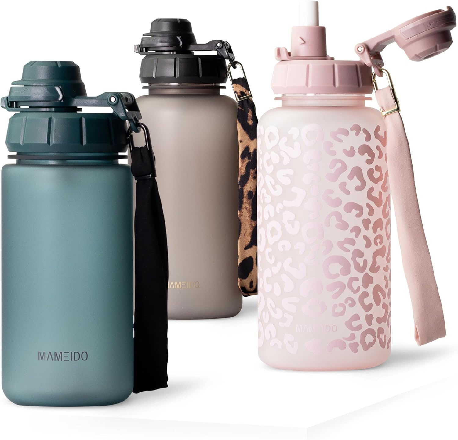 MAMEIDO Drinkfles met rietje 500 ml, tijdmarkering als drinkherinnering, lekvrije waterfles, BPA-vrije sportfles, gym waterfles, fles van Tritan (Glow Couture)