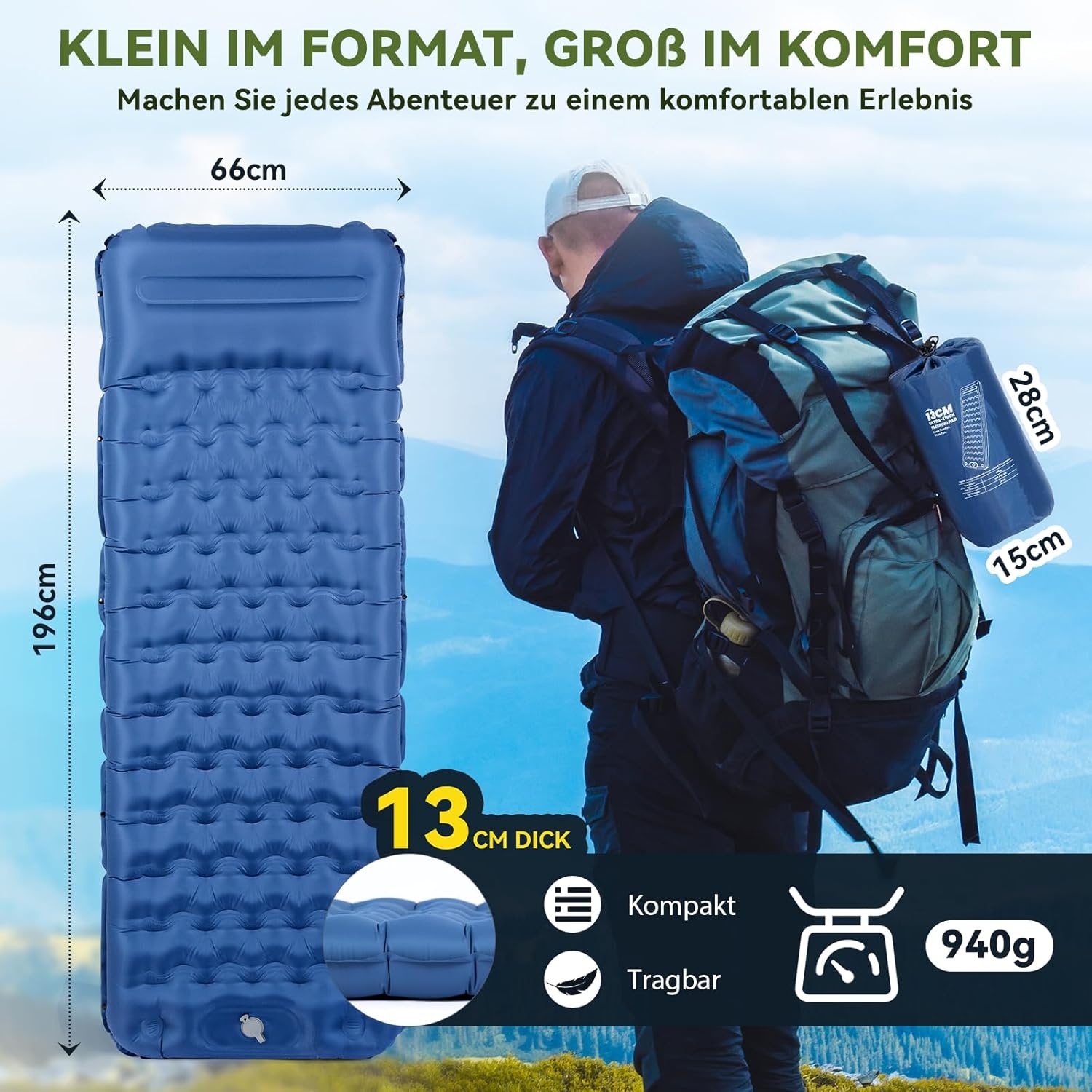 Zelfopblazende Slaapmat 13cm - Ultralicht met Kussen & Voetpomp (-34%)