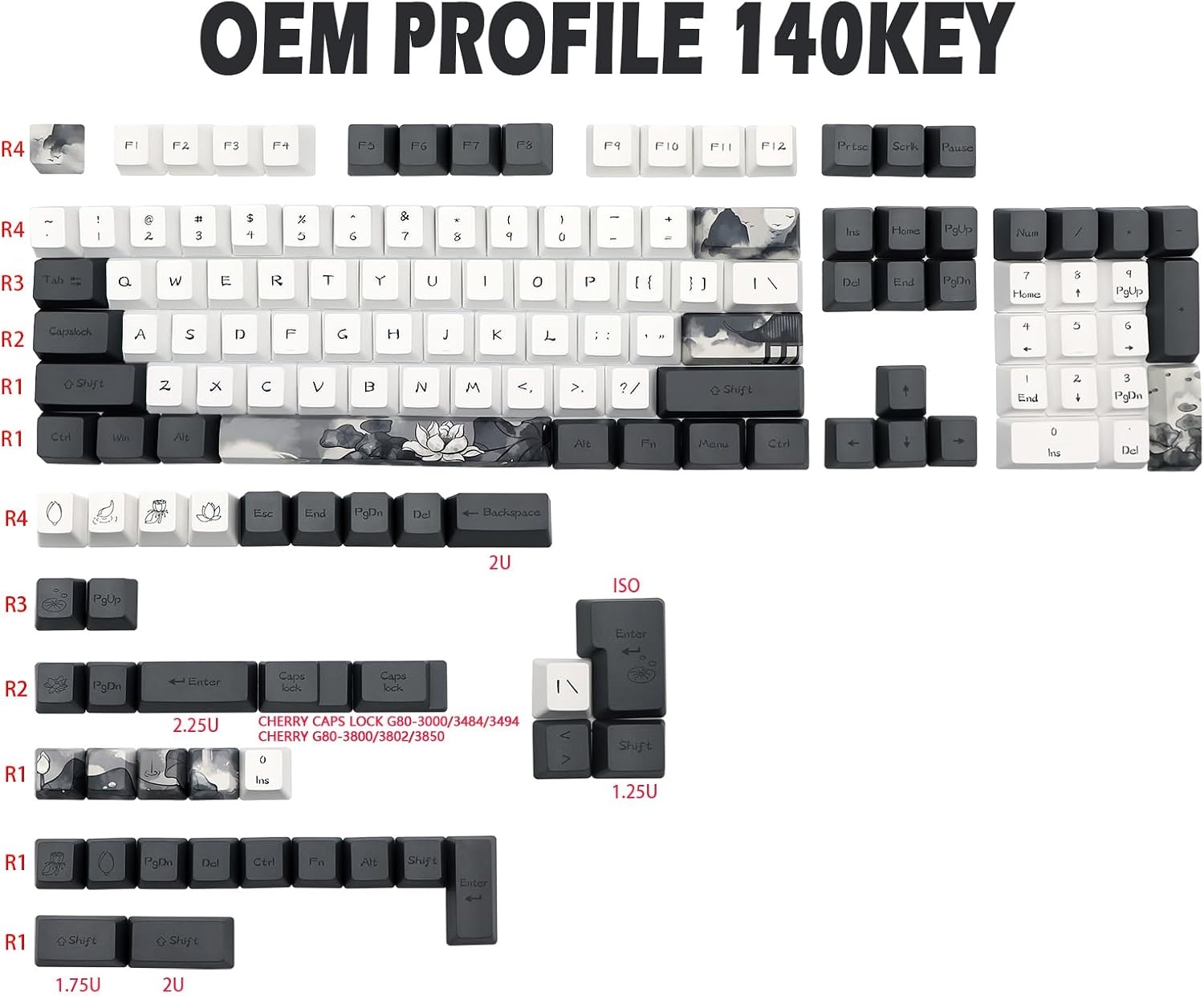 PBT Keycaps Set - 140 Toetsen OEM, Ink Lotus Design, 57% Korting