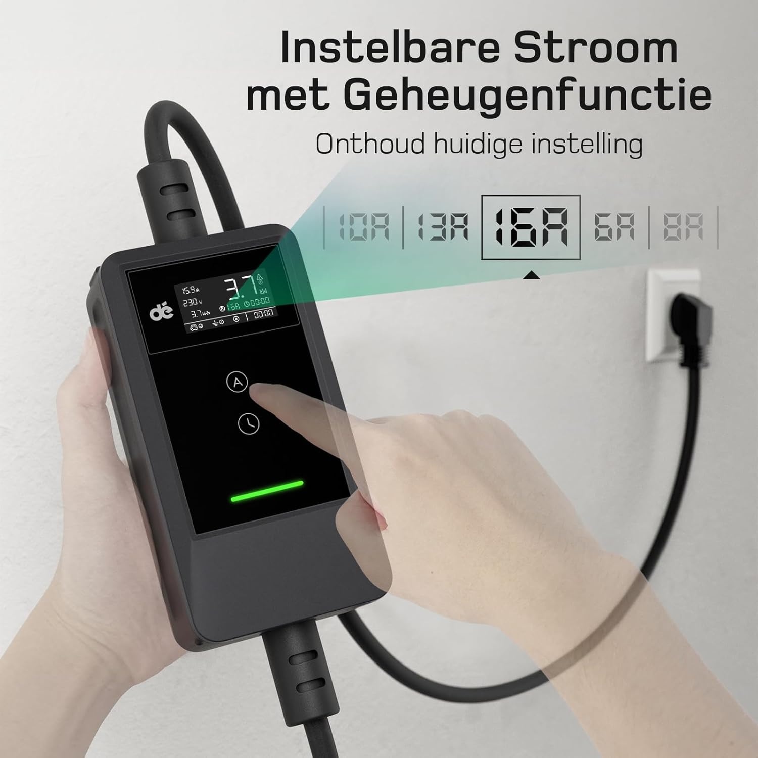 3.7kW Type 2 EV Oplader (12m) met LCD & Wandhouder - 35% Korting!