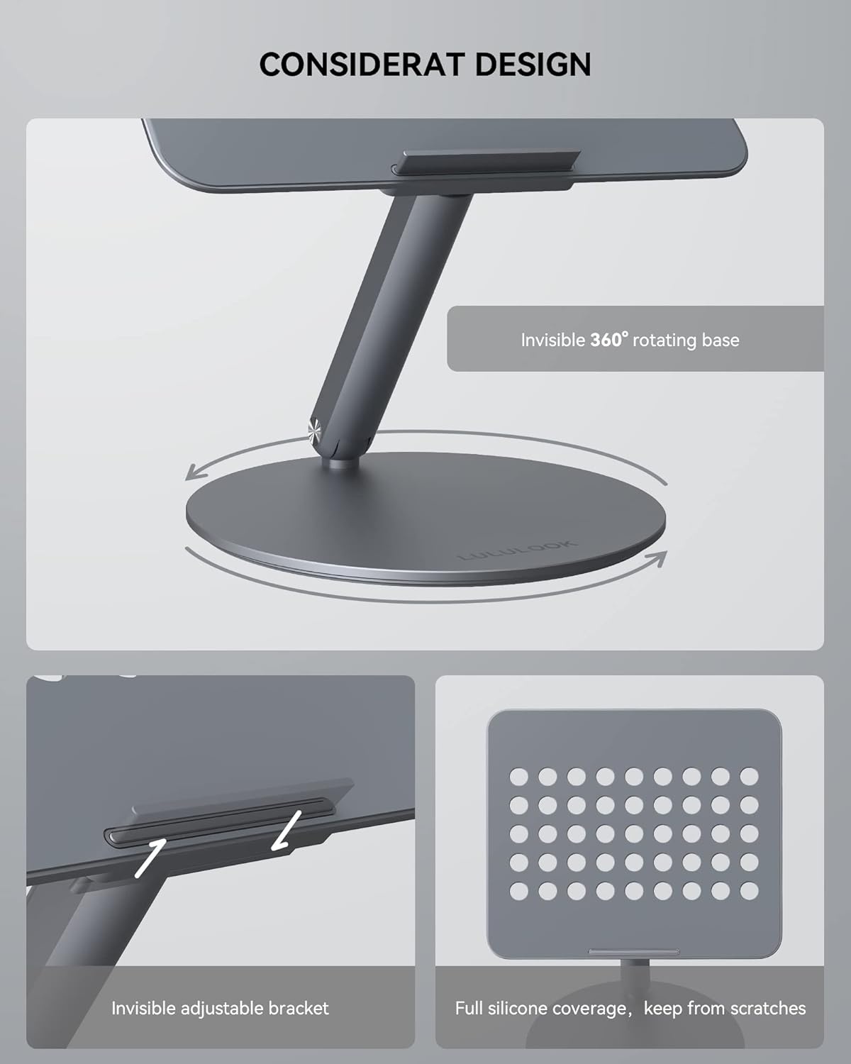 LULULOOK Laptopstandaard Grijs - 360° Draaibaar & Verstelbaar