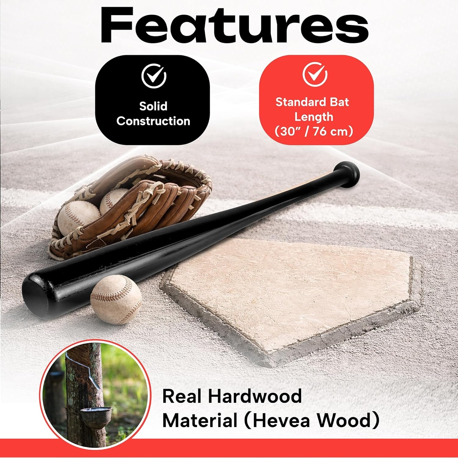 Honkbalknuppel Hevea-hout 76cm - Zwart of Natuurlijk - 28% Korting