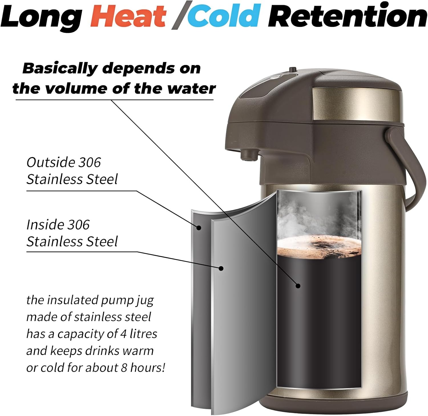 Thermoskan pomp 4L Goud RVS | 58% korting | 6u warm / 12u koud
