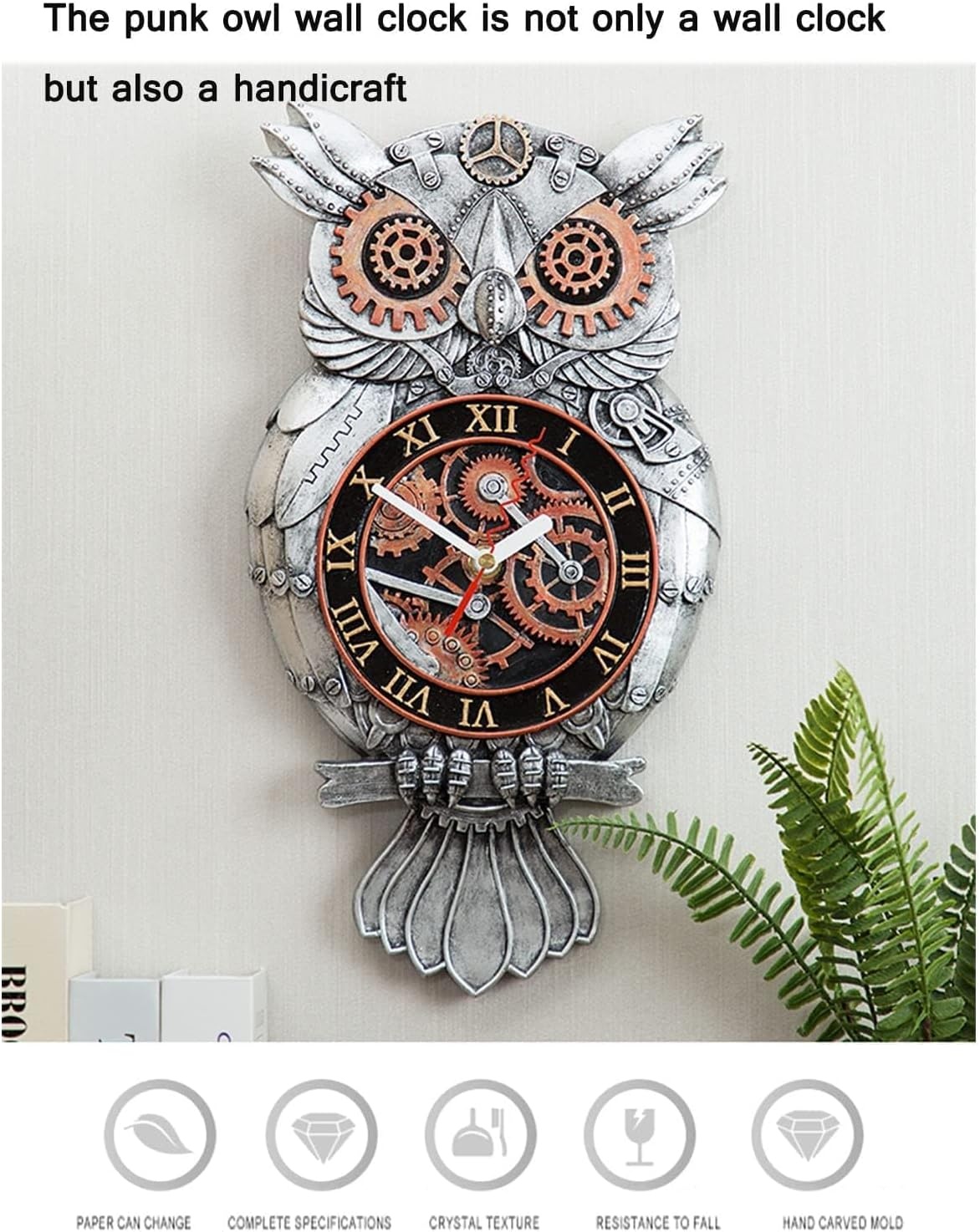 Steampunk Uil Wandklok - Handgeschilderd Hars met 29% Korting