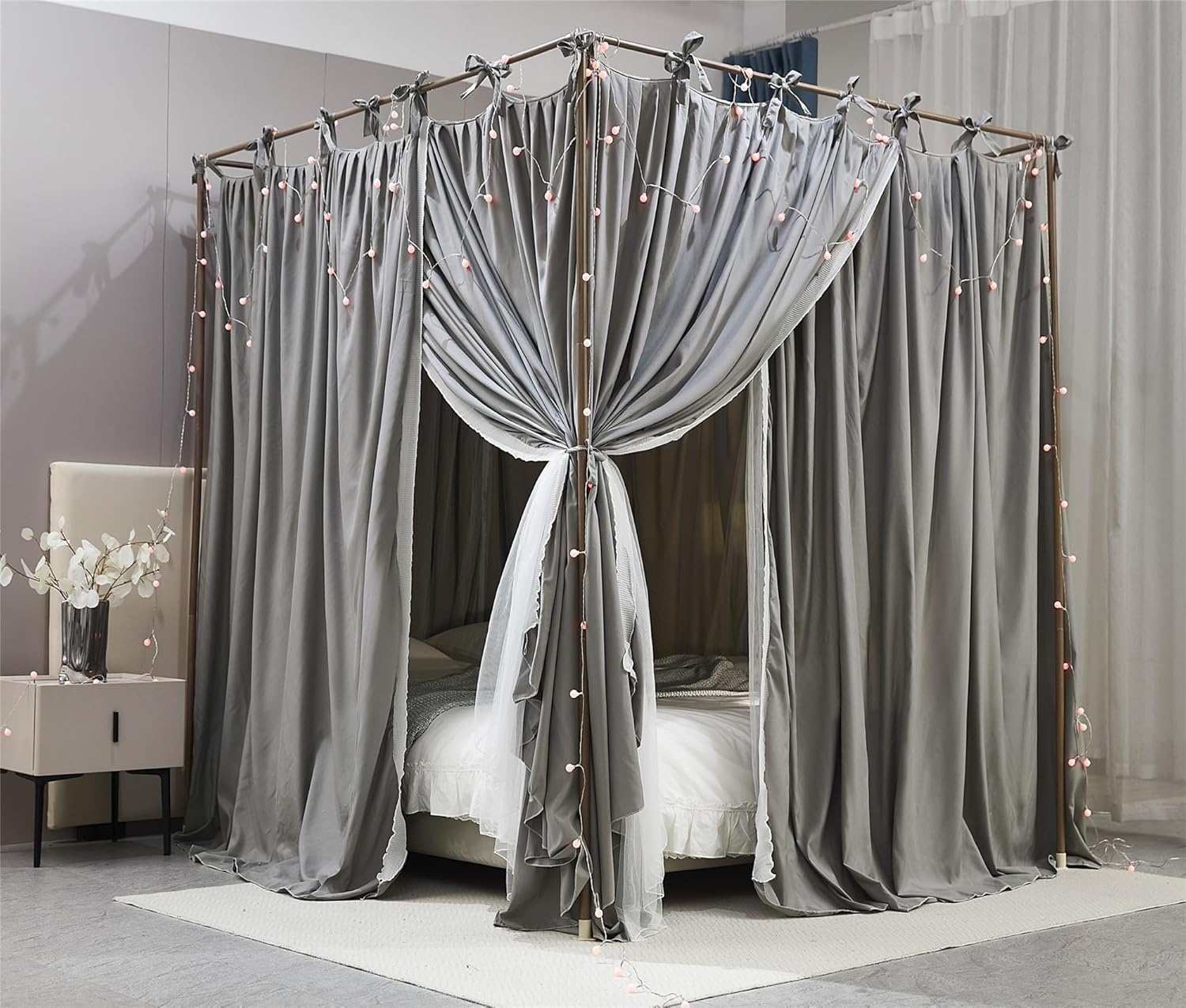 Grijze Bedhemel Muggennet - Dubbellaags Kant & Stof 1.35x2x2.1m - 34% Korting