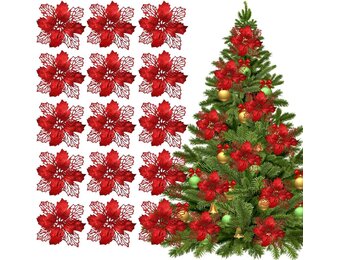 Kerstbloemen Glitter Rood (15st) 3D Satijn Herbruikbaar met 29% korting