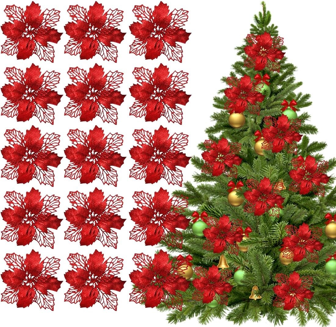 Kerstbloemen Glitter Rood (15st) 3D Satijn Herbruikbaar met 29% korting