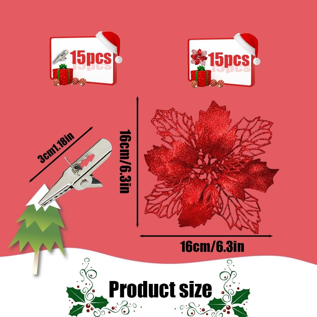 Kerstbloemen Glitter Rood (15st) 3D Satijn Herbruikbaar met 29% korting