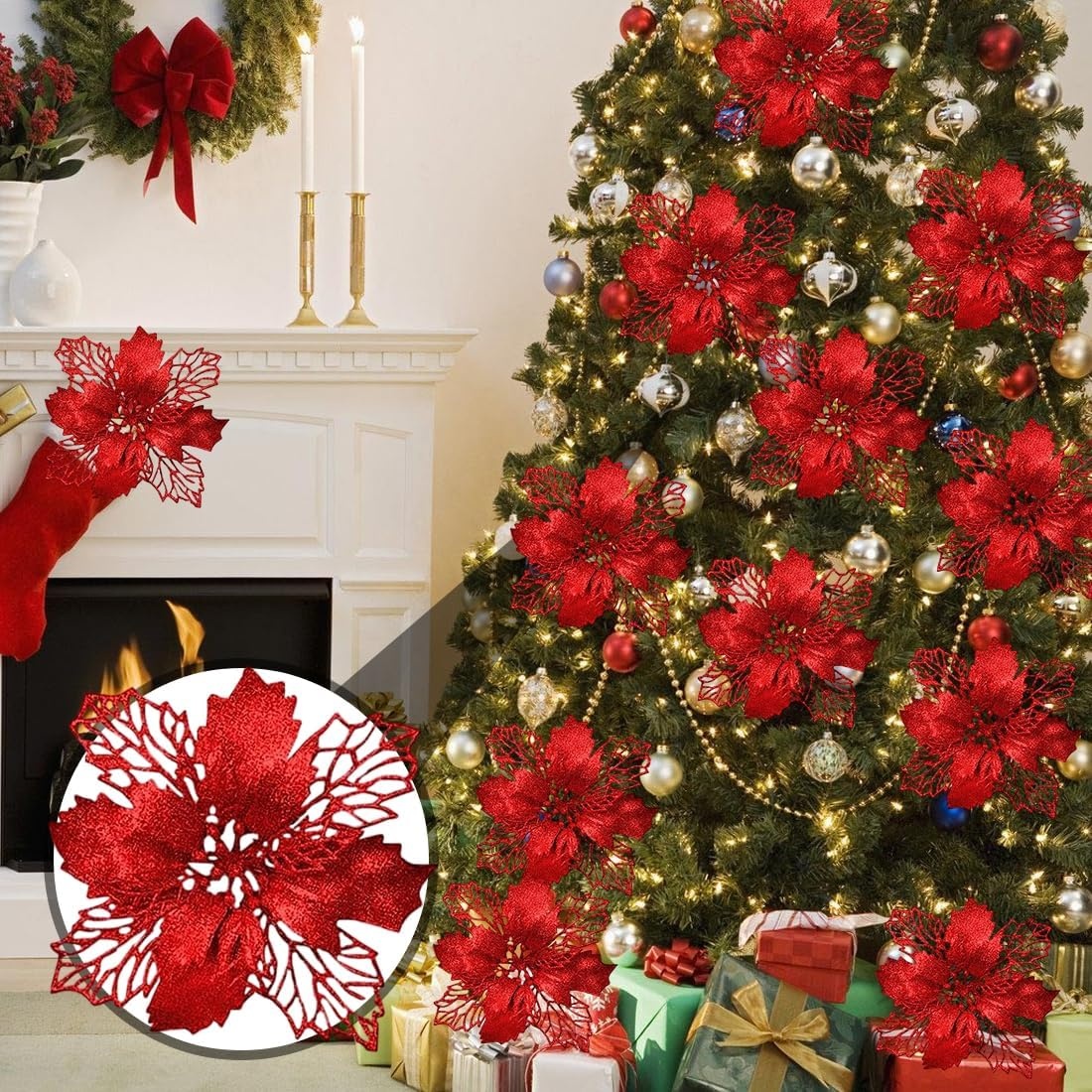 Kerstbloemen Glitter Rood (15st) 3D Satijn Herbruikbaar met 29% korting