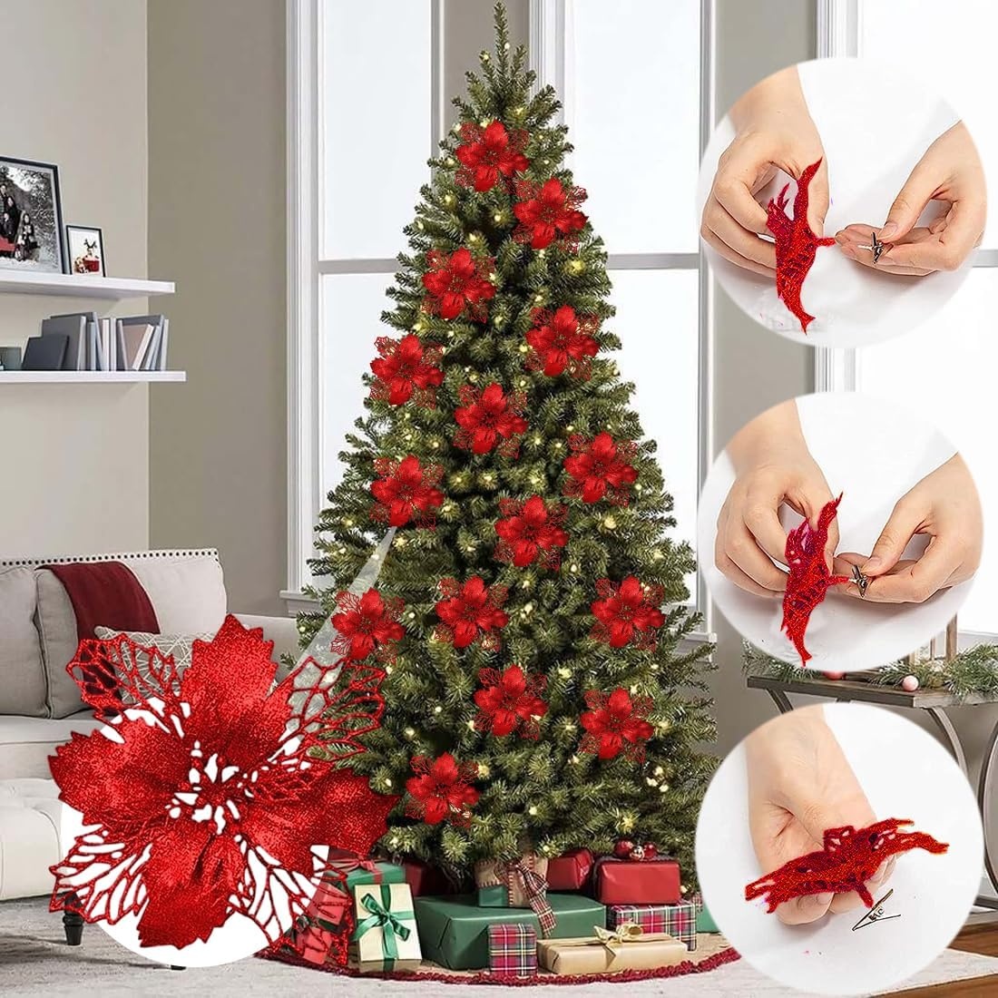 Kerstbloemen Glitter Rood (15st) 3D Satijn Herbruikbaar met 29% korting