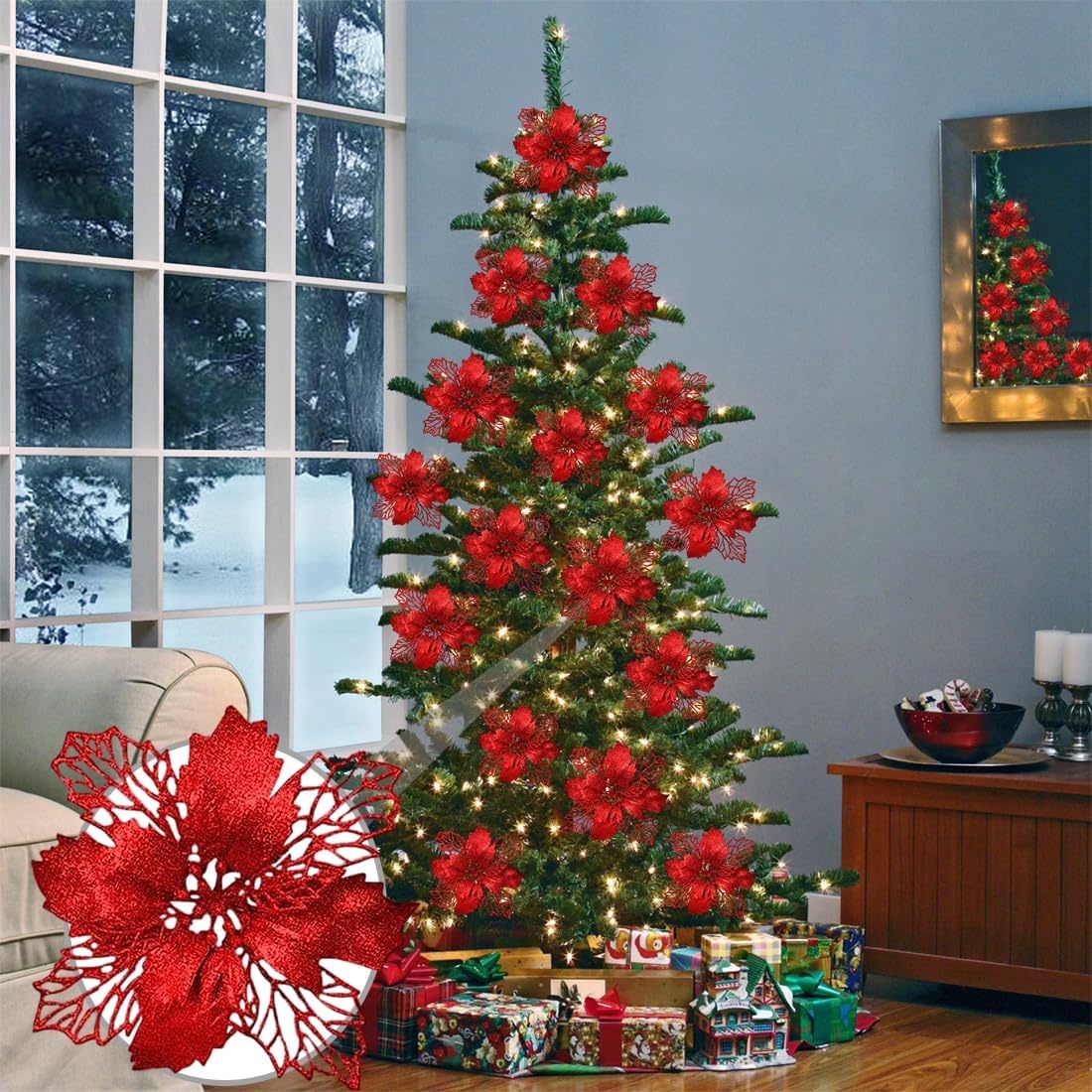 Kerstbloemen Glitter Rood (15st) 3D Satijn Herbruikbaar met 29% korting